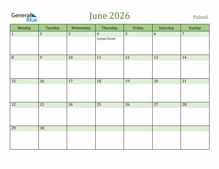 June 2026 Calendar with Poland Holidays