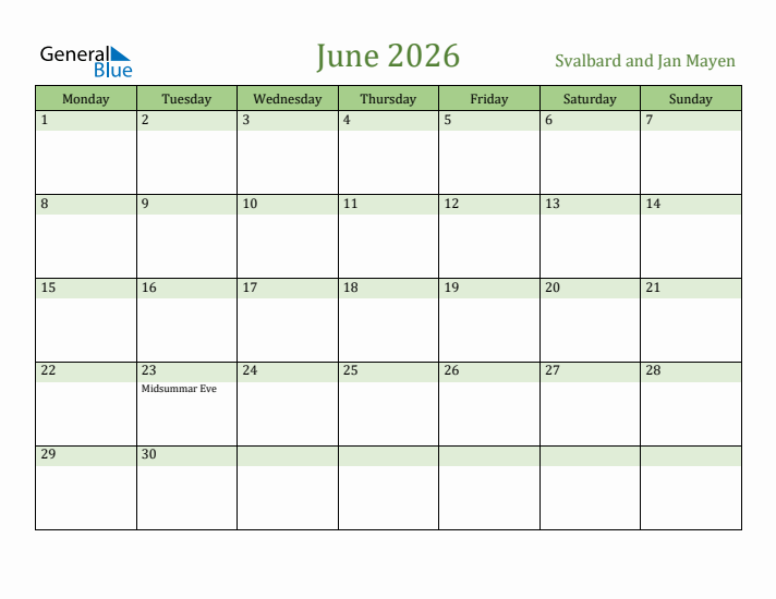 June 2026 Calendar with Svalbard and Jan Mayen Holidays