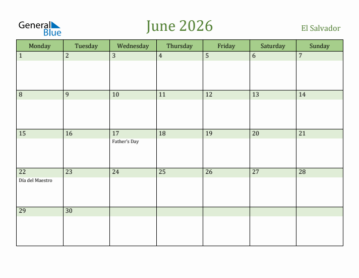 June 2026 Calendar with El Salvador Holidays