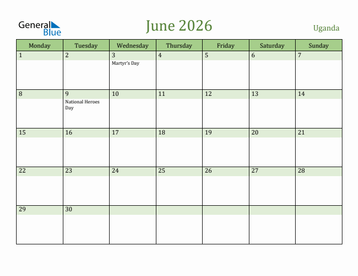 June 2026 Calendar with Uganda Holidays