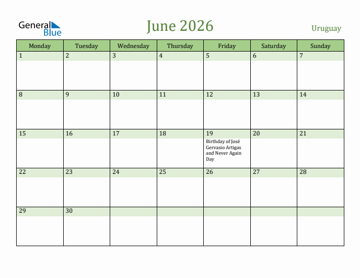 June 2026 Calendar with Uruguay Holidays