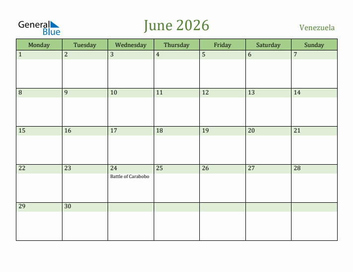 June 2026 Calendar with Venezuela Holidays