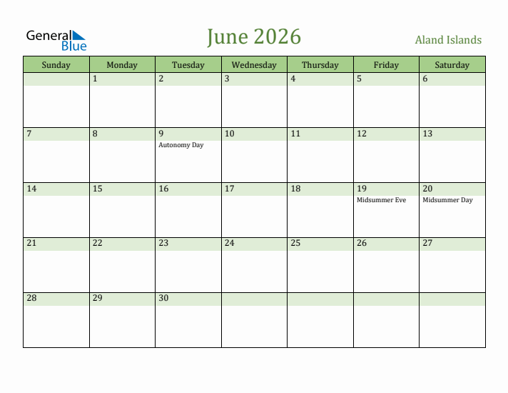 June 2026 Calendar with Aland Islands Holidays