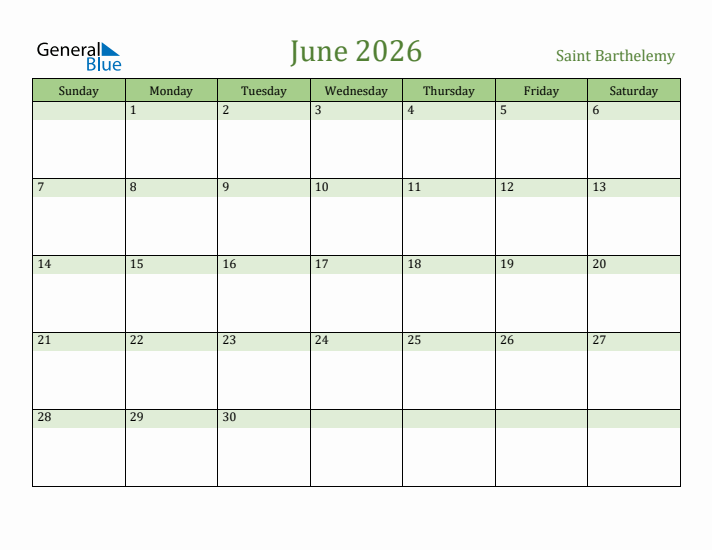 June 2026 Calendar with Saint Barthelemy Holidays