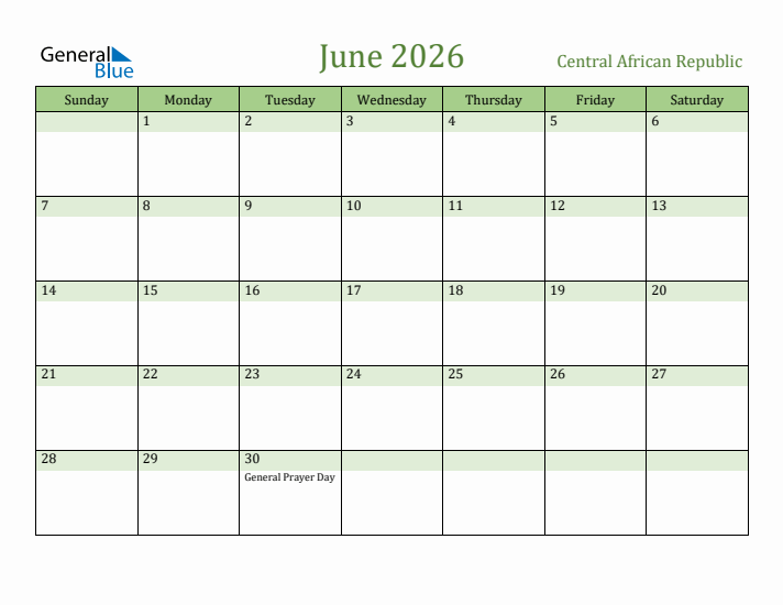 June 2026 Calendar with Central African Republic Holidays