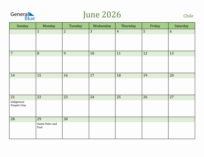 June 2026 Calendar with Chile Holidays