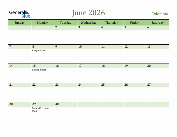 June 2026 Calendar with Colombia Holidays