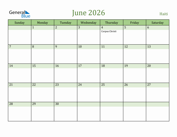 June 2026 Calendar with Haiti Holidays