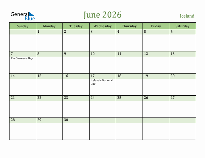 June 2026 Calendar with Iceland Holidays