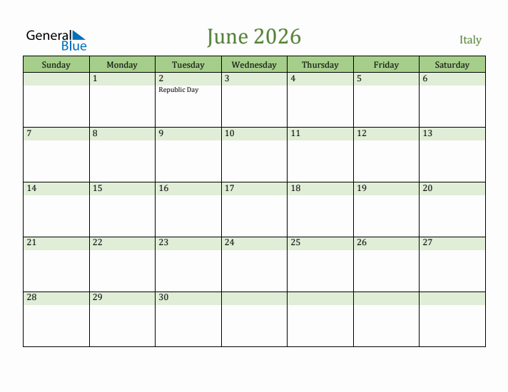 June 2026 Calendar with Italy Holidays