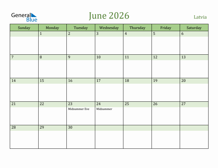 June 2026 Calendar with Latvia Holidays