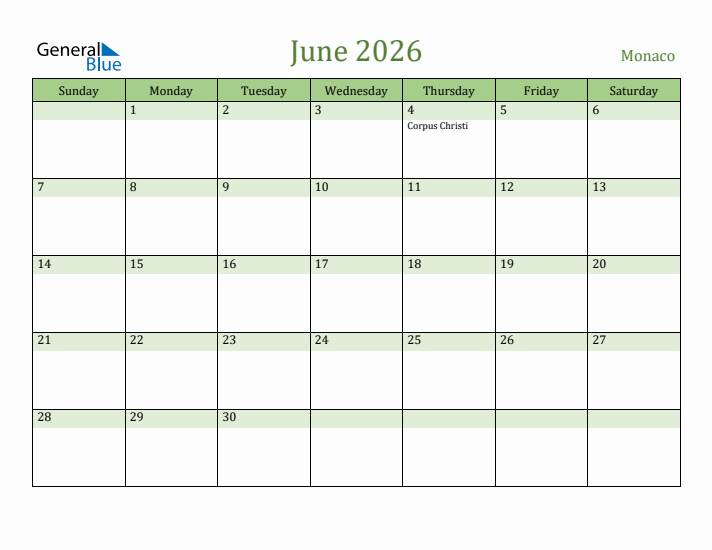 June 2026 Calendar with Monaco Holidays