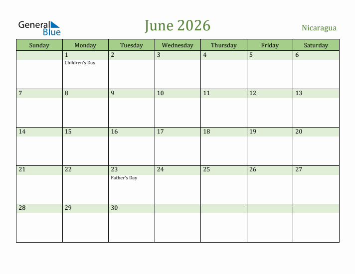 June 2026 Calendar with Nicaragua Holidays