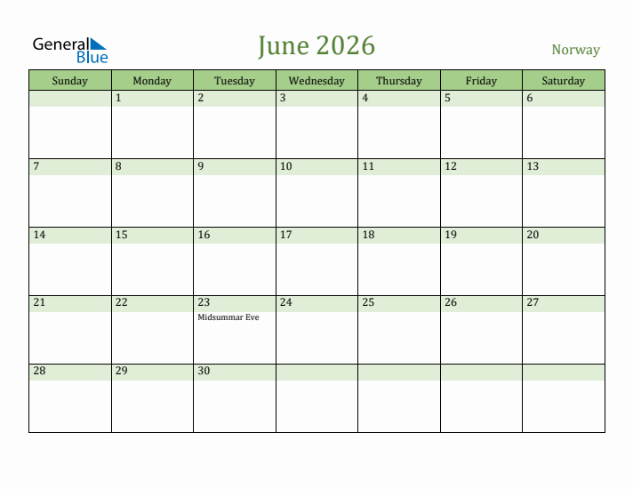 June 2026 Calendar with Norway Holidays