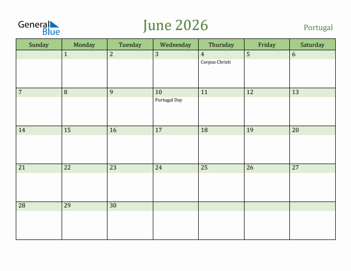 June 2026 Calendar with Portugal Holidays