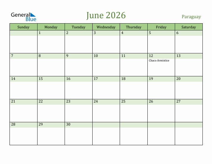 June 2026 Calendar with Paraguay Holidays