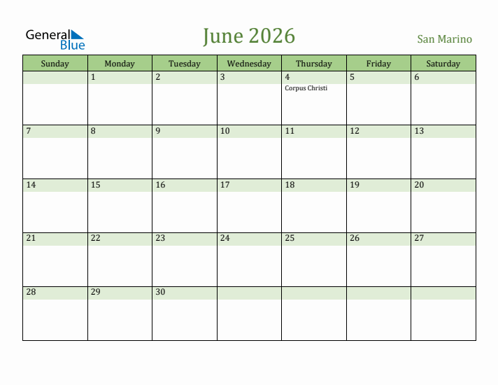 June 2026 Calendar with San Marino Holidays