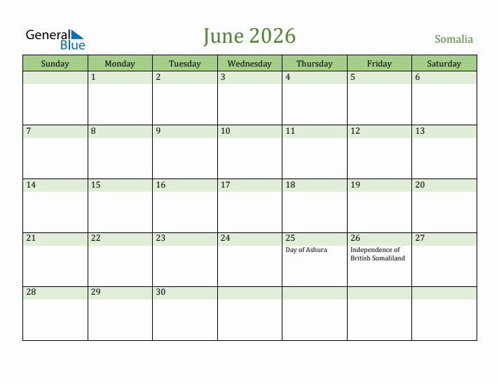 June 2026 Calendar with Somalia Holidays