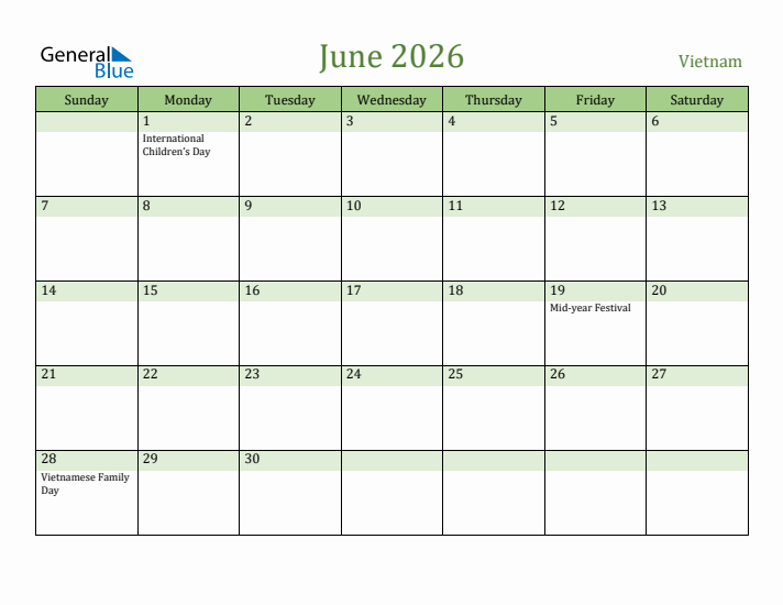 June 2026 Calendar with Vietnam Holidays