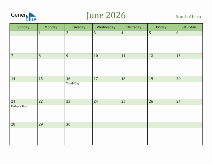 June 2026 Calendar with South Africa Holidays