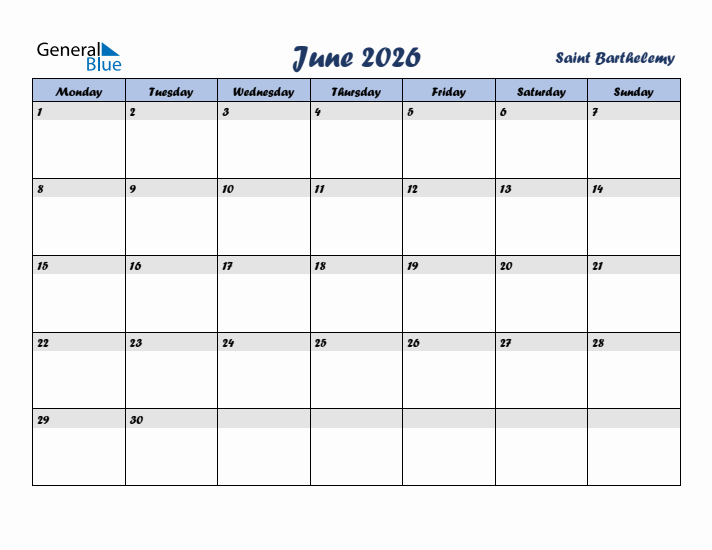 June 2026 Calendar with Holidays in Saint Barthelemy