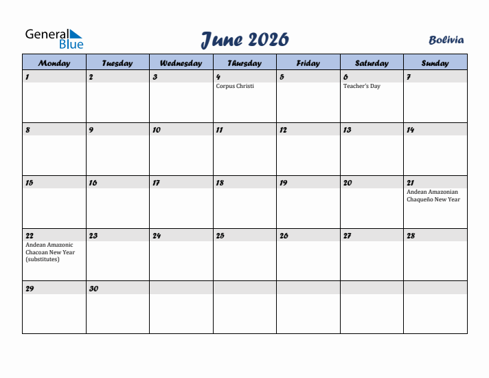 June 2026 Calendar with Holidays in Bolivia