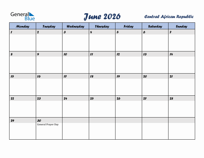 June 2026 Calendar with Holidays in Central African Republic