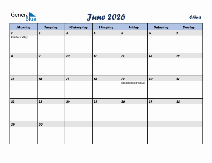 June 2026 Calendar with Holidays in China