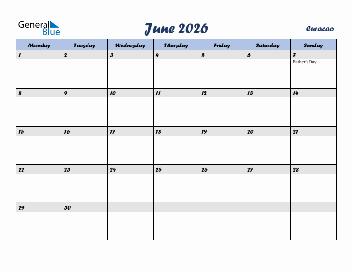 June 2026 Calendar with Holidays in Curacao