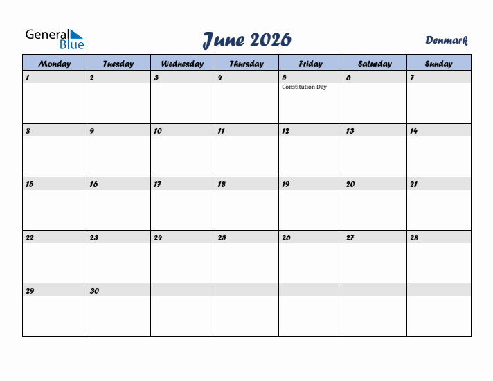 June 2026 Calendar with Holidays in Denmark