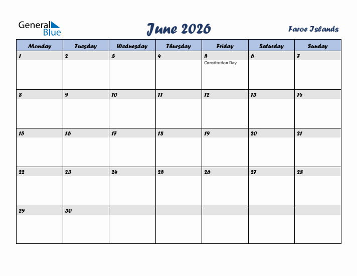 June 2026 Calendar with Holidays in Faroe Islands