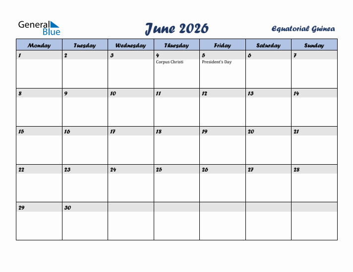 June 2026 Calendar with Holidays in Equatorial Guinea