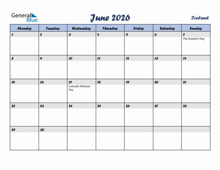 June 2026 Calendar with Holidays in Iceland