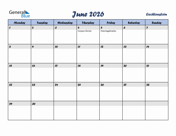 June 2026 Calendar with Holidays in Liechtenstein