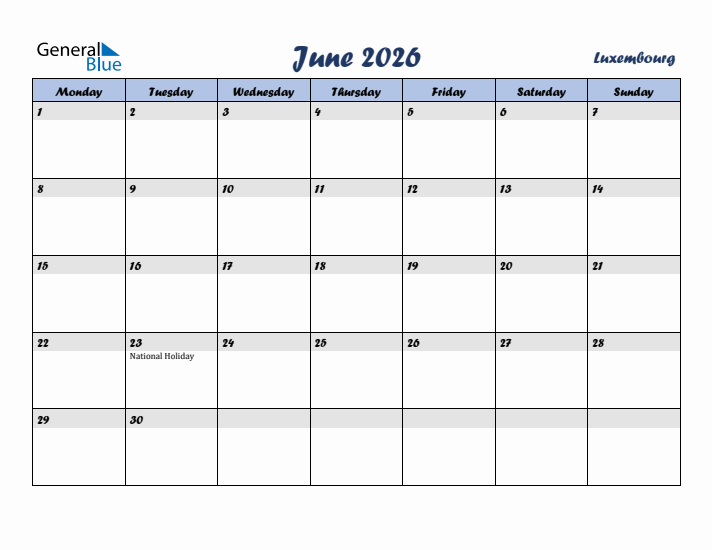 June 2026 Calendar with Holidays in Luxembourg