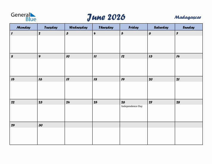 June 2026 Calendar with Holidays in Madagascar