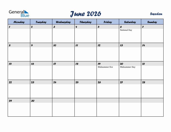 June 2026 Calendar with Holidays in Sweden