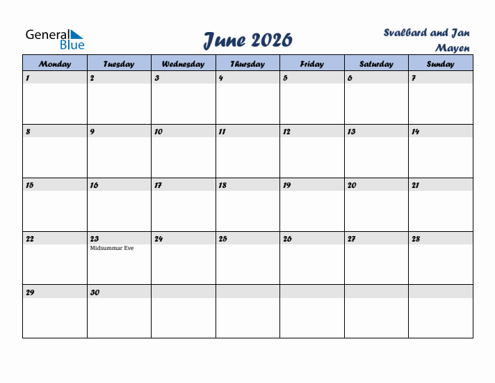 June 2026 Calendar with Holidays in Svalbard and Jan Mayen