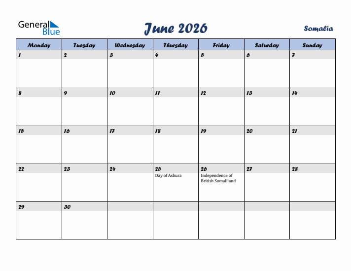 June 2026 Calendar with Holidays in Somalia