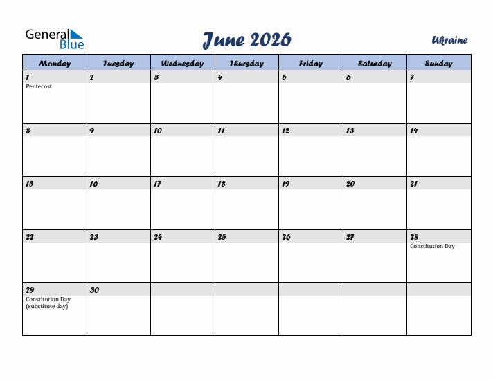 June 2026 Calendar with Holidays in Ukraine