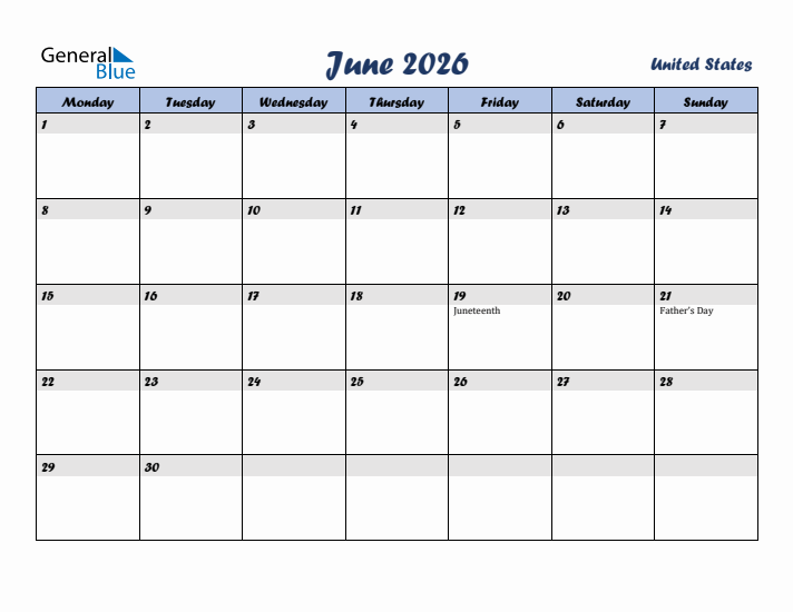 June 2026 Calendar with Holidays in United States