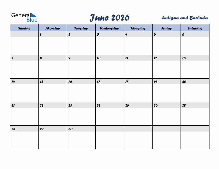 June 2026 Calendar with Holidays in Antigua and Barbuda