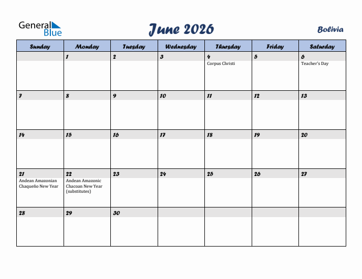 June 2026 Calendar with Holidays in Bolivia