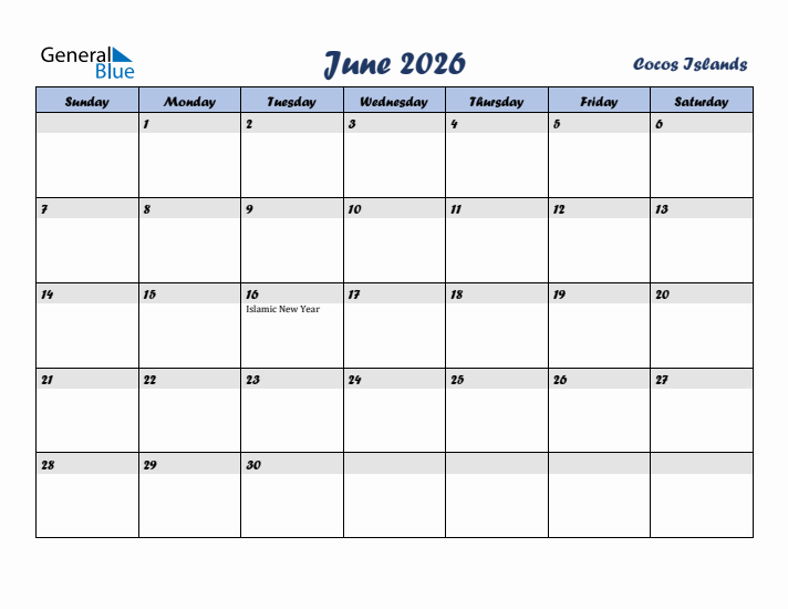 June 2026 Calendar with Holidays in Cocos Islands