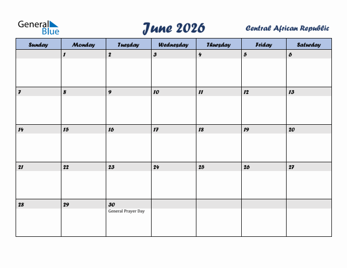 June 2026 Calendar with Holidays in Central African Republic