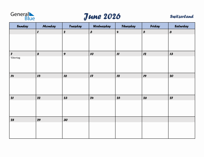 June 2026 Calendar with Holidays in Switzerland