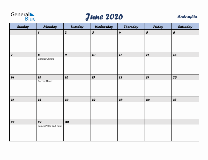 June 2026 Calendar with Holidays in Colombia