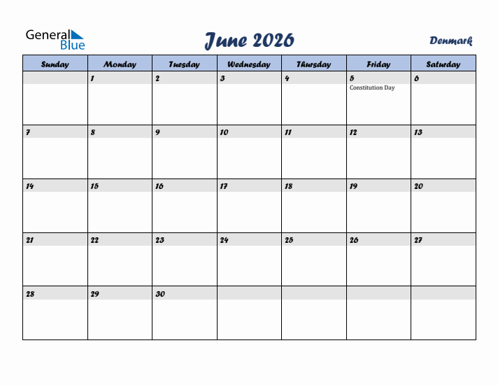 June 2026 Calendar with Holidays in Denmark