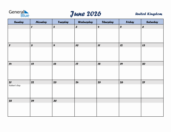 June 2026 Calendar with Holidays in United Kingdom