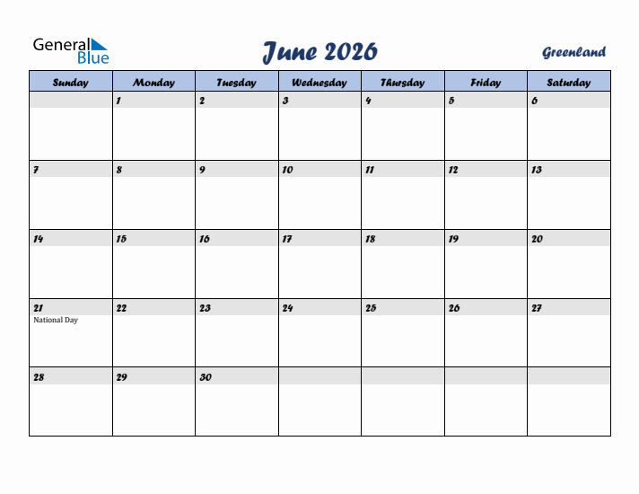 June 2026 Calendar with Holidays in Greenland